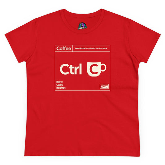 Red "Ctrl + C Coffee" T-shirt with tech humor and coffee theme design.