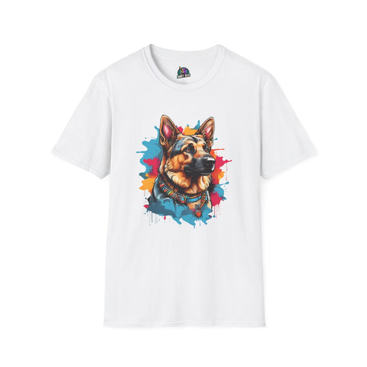 Colorful Dog T-shirt with artistic German Shepherd design in vibrant colors.