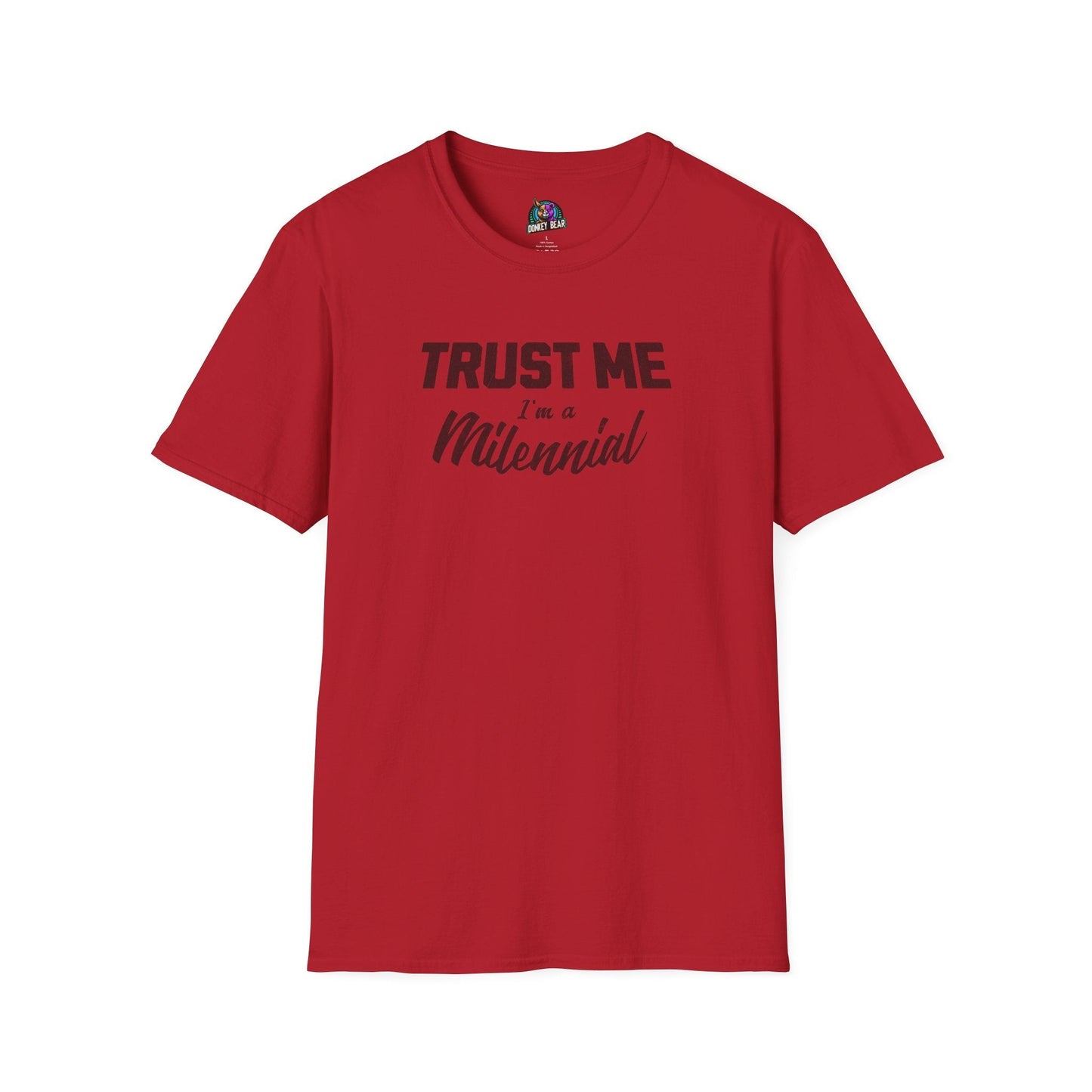 Red "Trust Me, I'm a Millennial" t-shirt featuring black text, ideal for nostalgic millennial style.