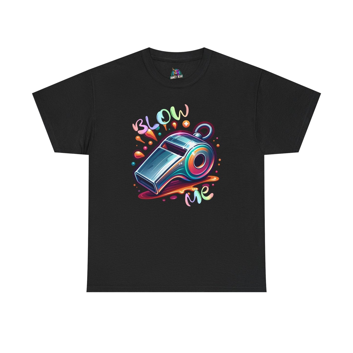 Black "Blow Me" T-shirt featuring colorful whistle design with playful text.