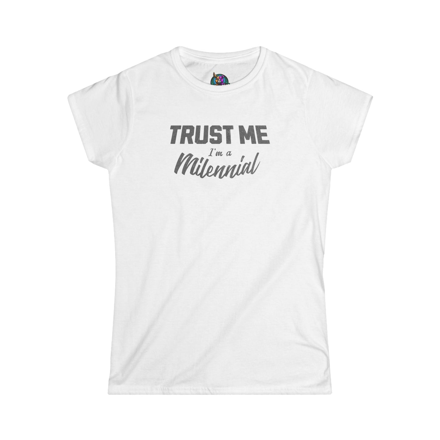 Trust Me I’m a Millennial T-Shirt in white with text design.