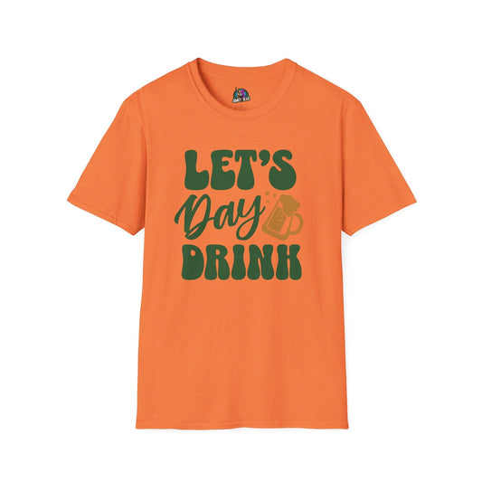 St. Patrick’s Day T-shirt with "Let’s Day Drink" text in bold green lettering on orange fabric.