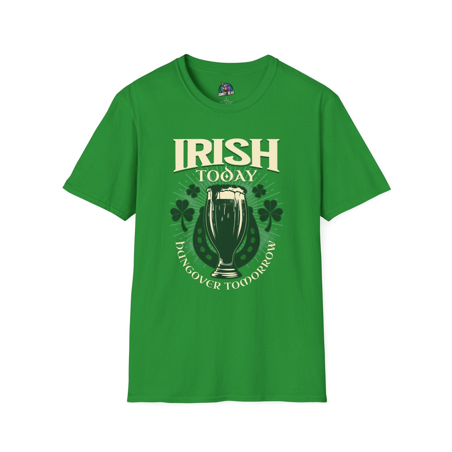 Green "Irish Today, Hungover Tomorrow" T-shirt for St. Patrick's Day celebrations.