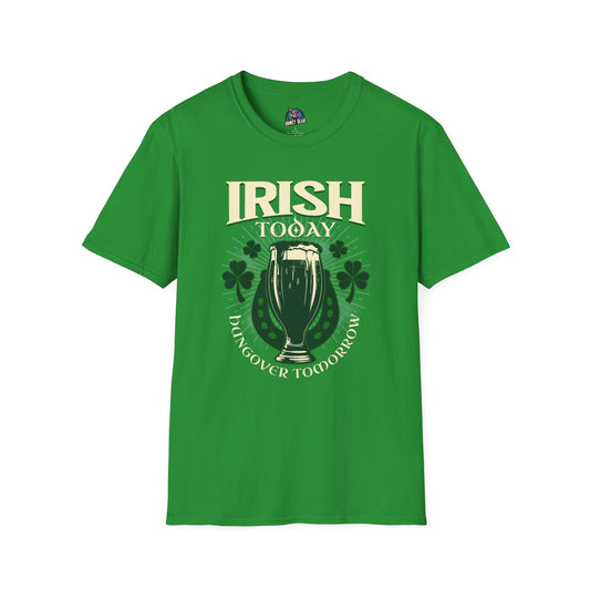 Green "Irish Today, Hungover Tomorrow" T-shirt for St. Patrick's Day celebrations.