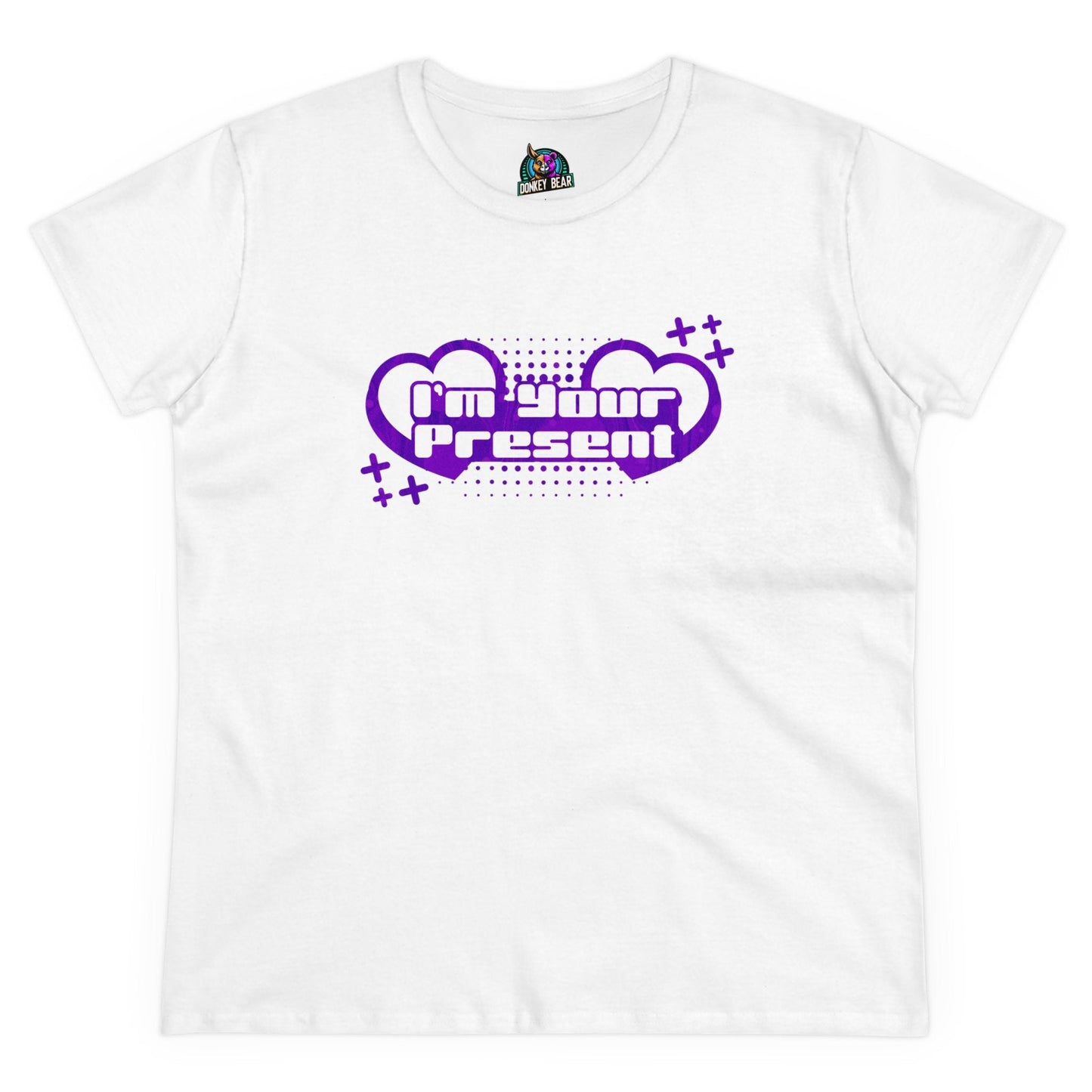 White T-shirt with "I Am Your Present" text design in purple, perfect for playful gifting.