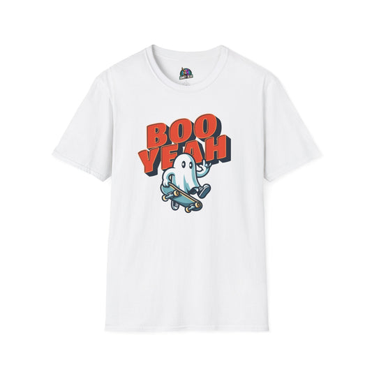 "Boo Yeah" T-shirt with skateboarding ghost design.