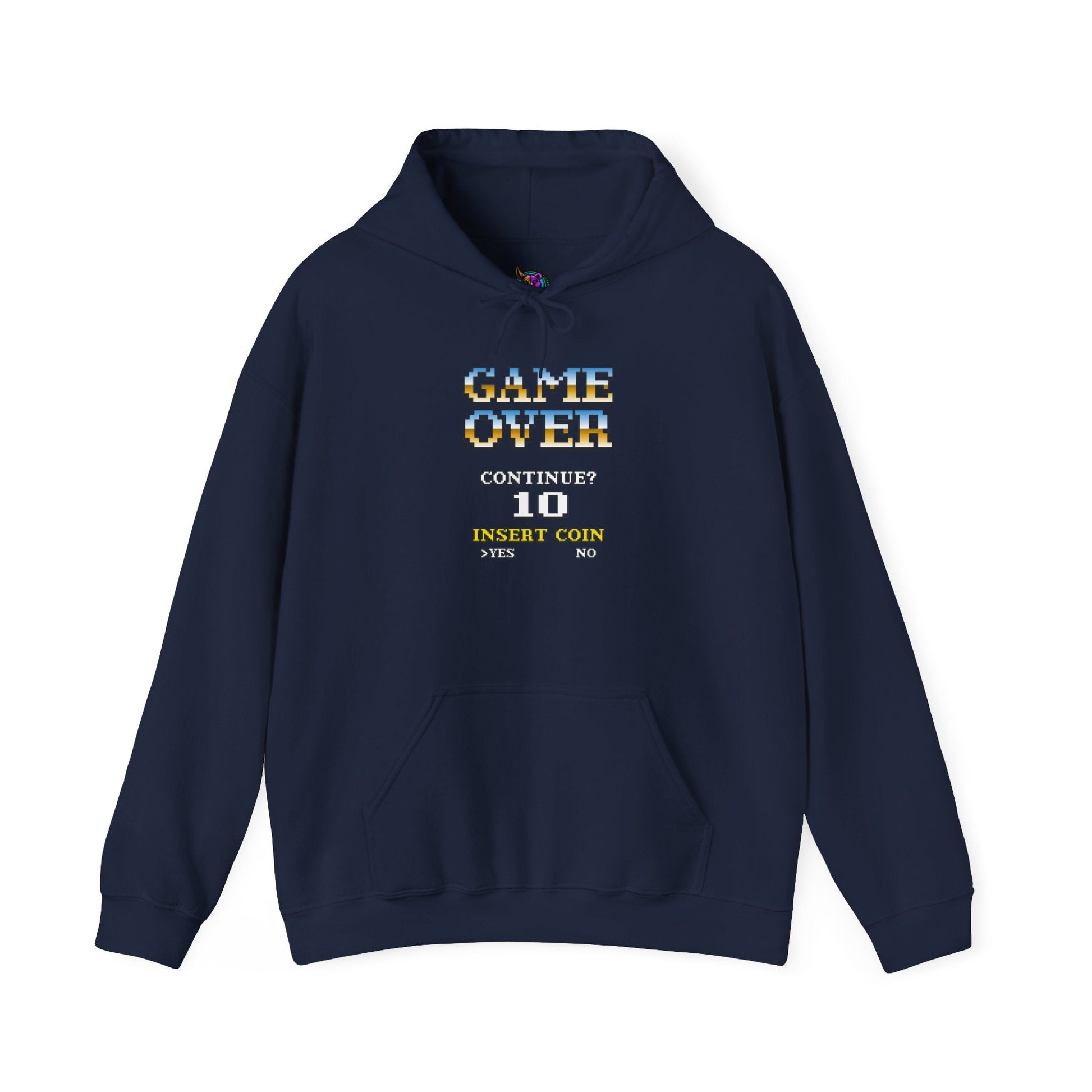 Navy blue "Game Over" hooded sweatshirt with retro arcade design.