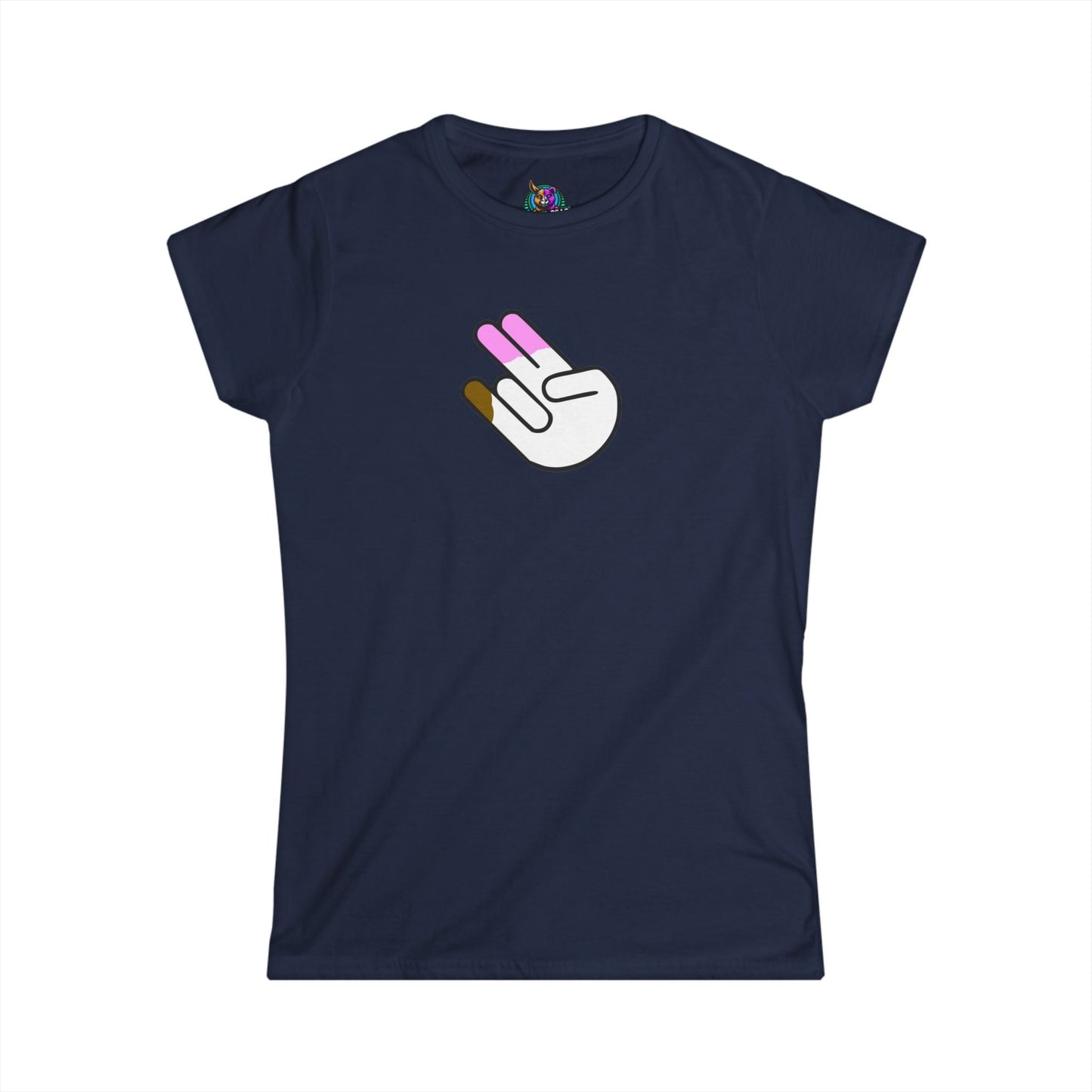 Edgy "Two in the Pink" hand gesture t-shirt in dark color.