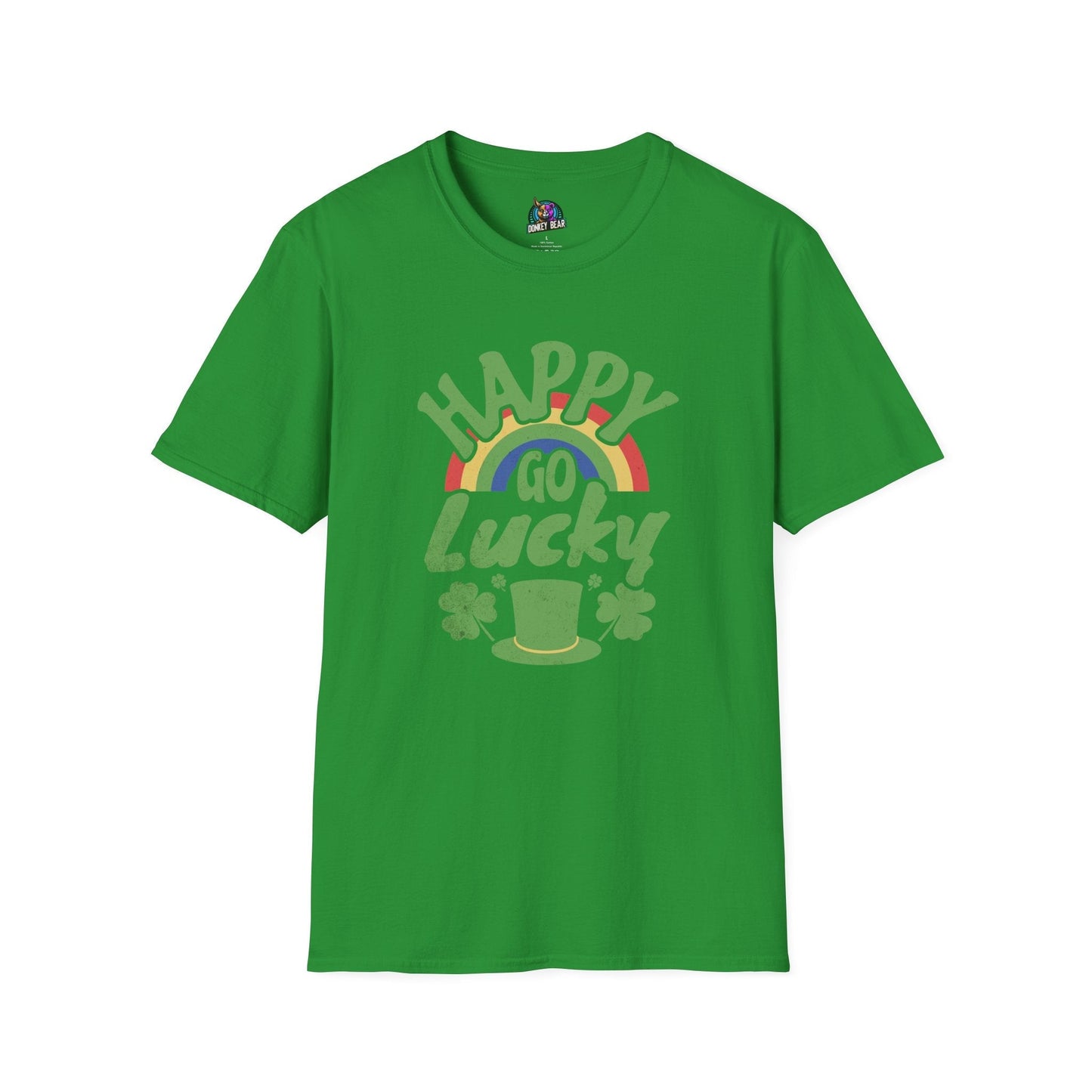 Green "Happy Go Lucky" St. Patrick's Day T-shirt with rainbow and shamrock design.