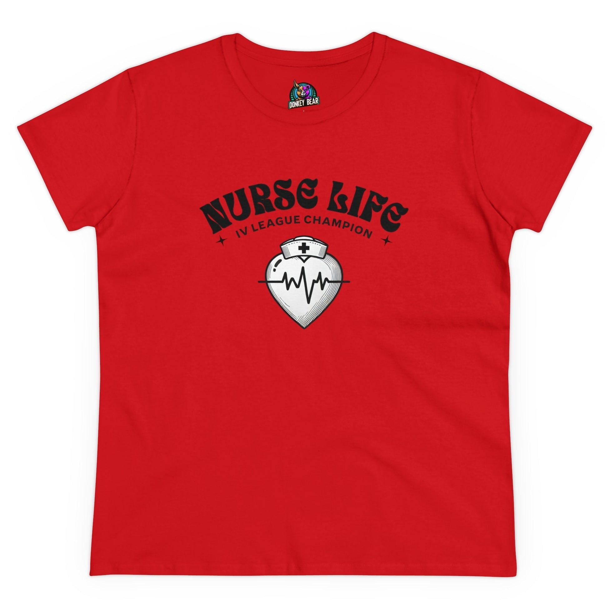 Red "Nurse Life – IV League Champion" T-shirt with a heart and stethoscope graphic.