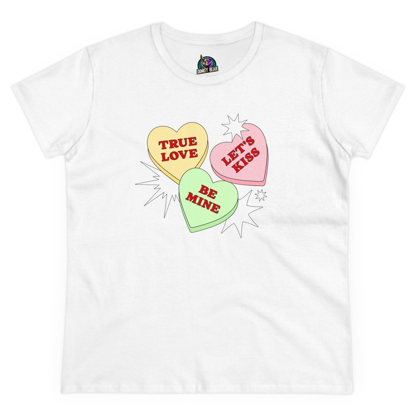 Candy Hearts Valentine’s Day T-Shirt with colorful heart design.