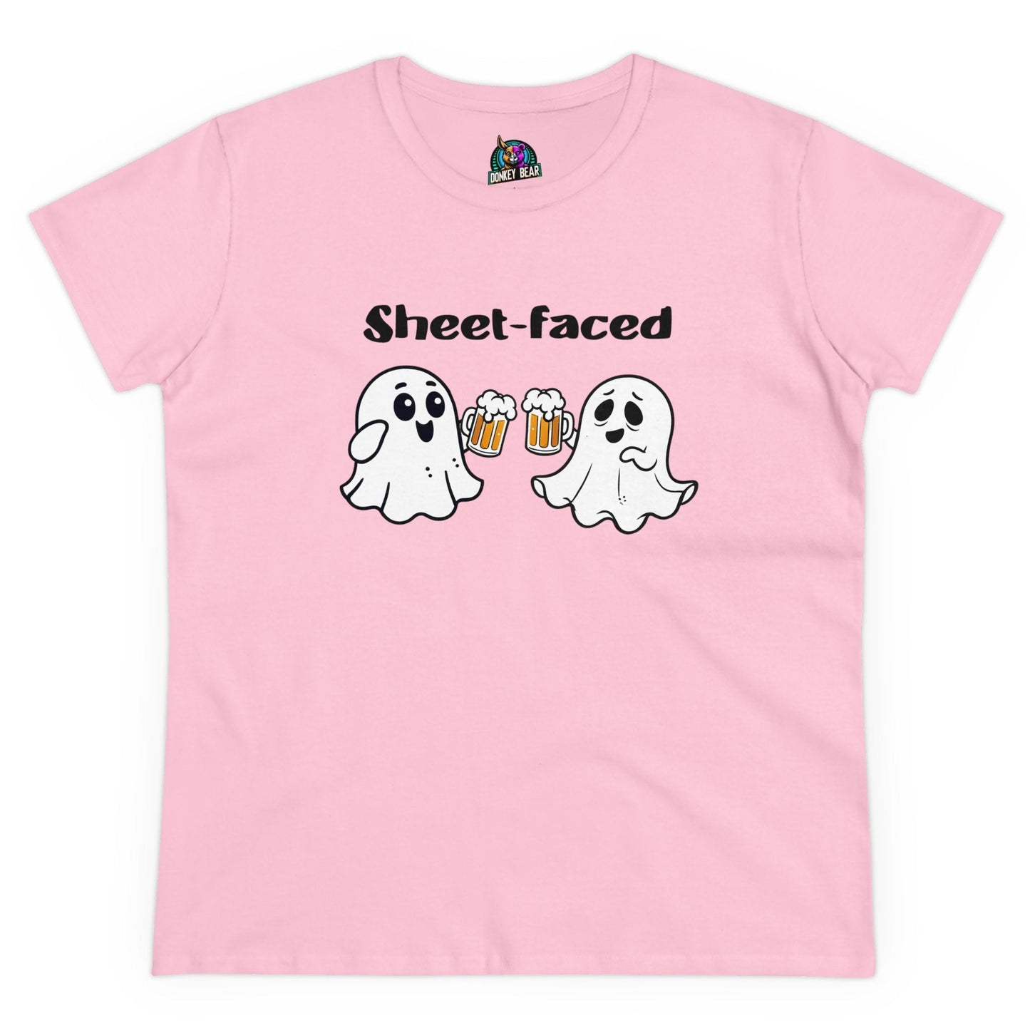 Pink "Sheet-Faced" T-shirt with partying ghosts clinking beer glasses for women.