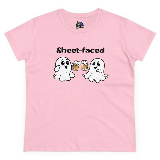 Pink "Sheet-Faced" T-shirt with partying ghosts clinking beer glasses for women.