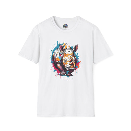 Colorful rhino T-shirt with vibrant splash design.