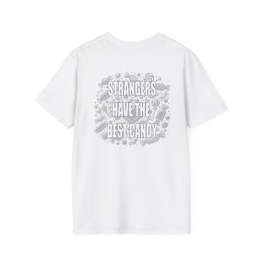 Back of white T-shirt with "Strangers Have the Best Candy" spooky design.