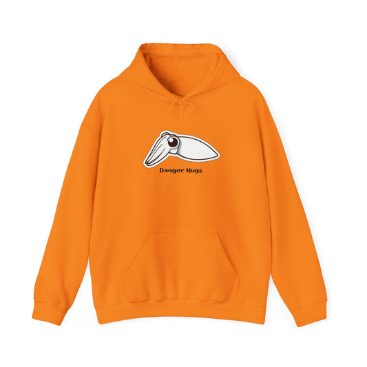 Orange hoodie featuring a cute cuttlefish illustration with the words "Danger Hugs".