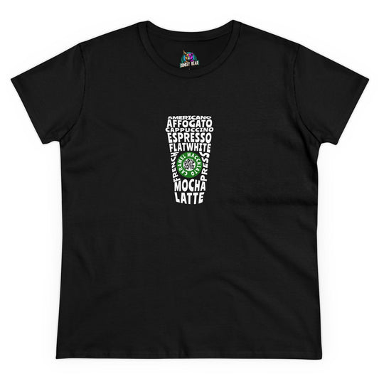Black "Coffee Lover" T-shirt with coffee cup word art design.