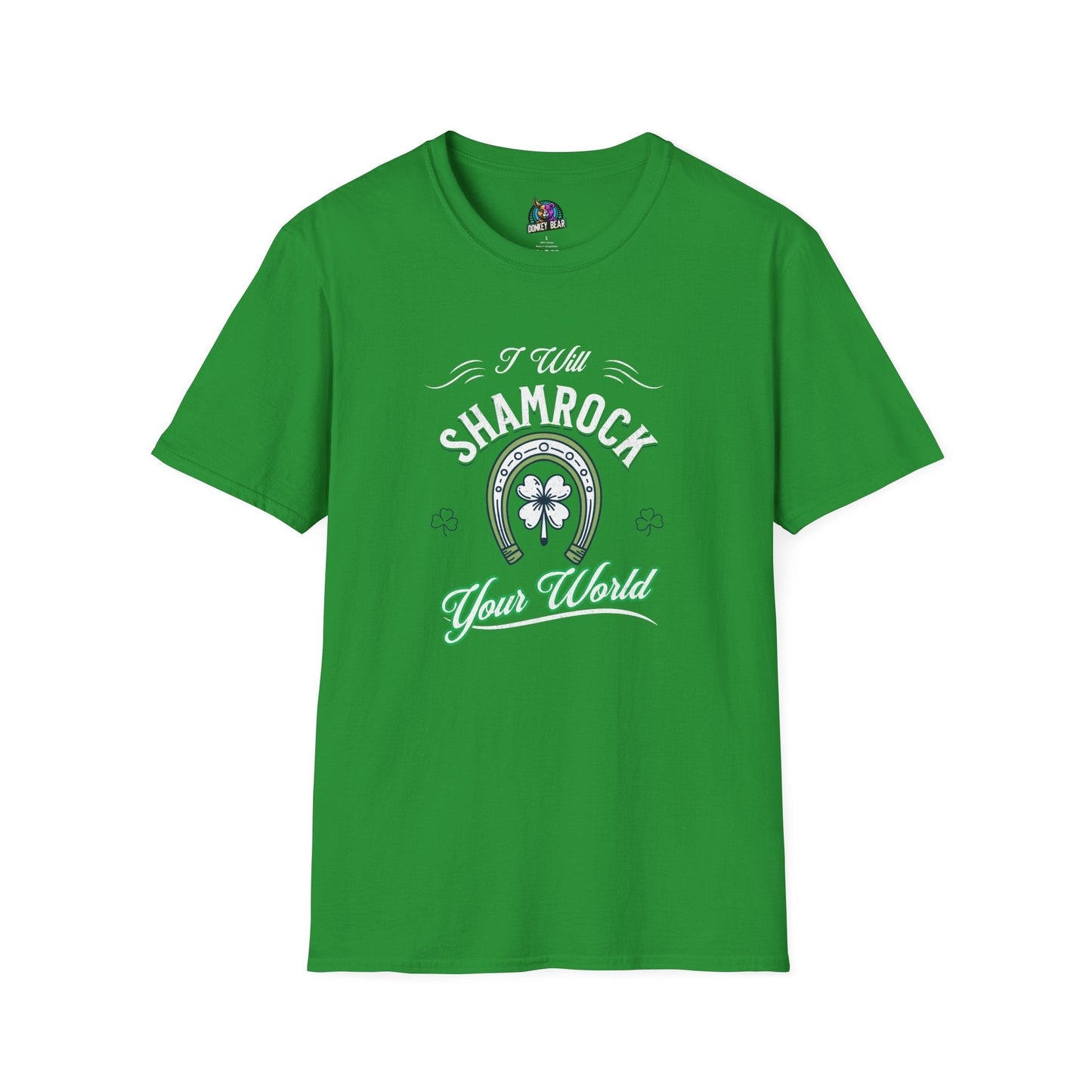 St. Patrick’s Day green T-shirt with "I Will Shamrock Your World" text and shamrock graphic.