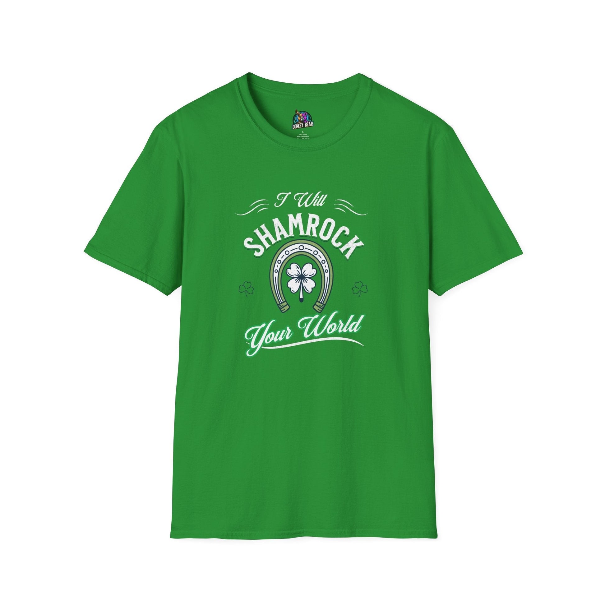 St. Patrick’s Day green T-shirt with "I Will Shamrock Your World" text and shamrock graphic.