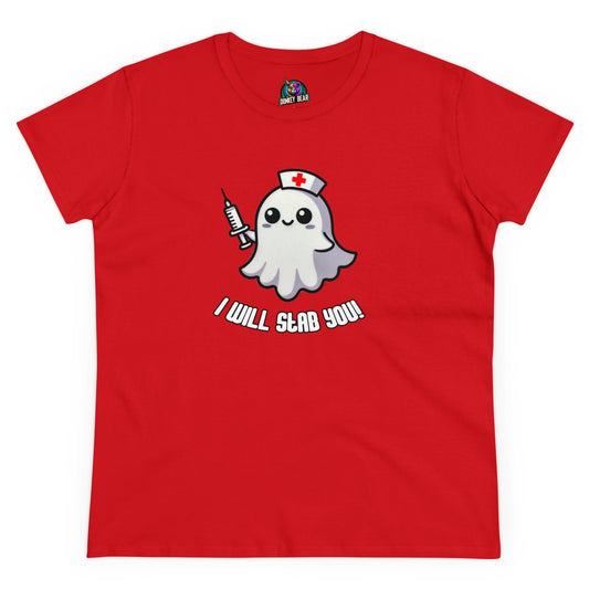 Red T-shirt featuring a ghostly nurse with a syringe and text "I Will Stab You," perfect for Halloween humor.