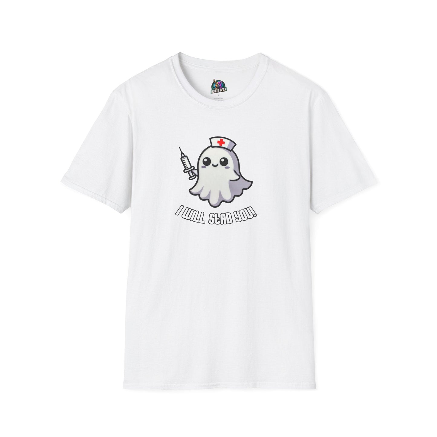 Ghost nurse "I Will Stab You" T-shirt with syringe, Halloween humor.