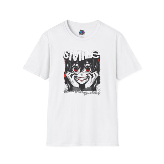 Creepy Smile T-Shirt with chilling design featuring unsettling woman.